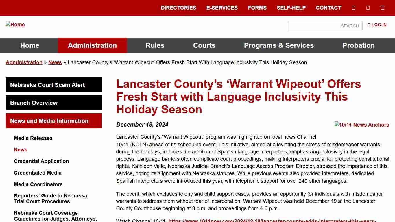 Lancaster County’s ‘Warrant Wipeout’ Offers Fresh Start with Language Inclusivity This Holiday Season Nebraska Judicial Branch